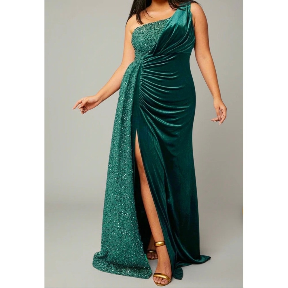 Miss Ord Emerald Green Velvet Sequin One Shoulder Ruched Maxi Dress Sz XL Formal